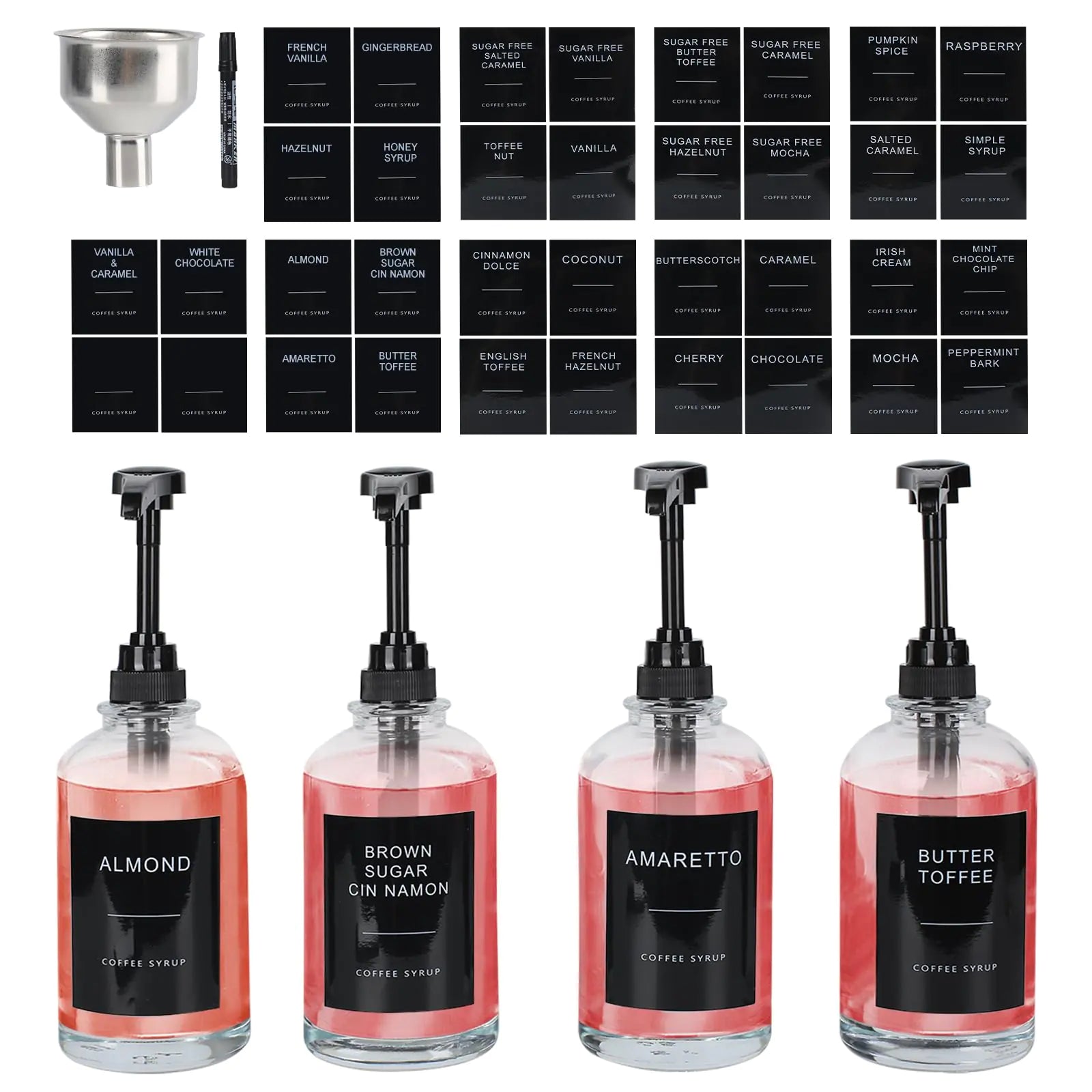 MSTCMZP Syrup Dispenser for Coffee Bar 16.9oz Coffee Syrup Dispenser with Labels Coffee Bar Accessories 500ML Coffee Syrup Bottles 4pc black with white lables (Black 4)