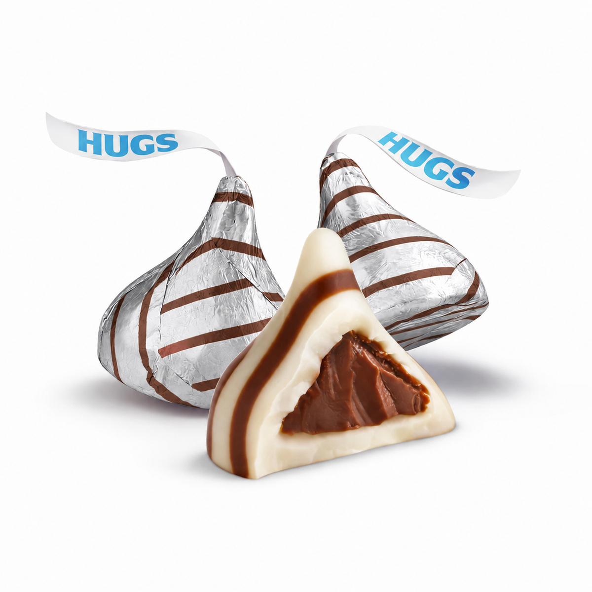 Hershey’s Hugs milk chocolate with white creme in bulk, showing the signature chocolate candies with white creme filling.