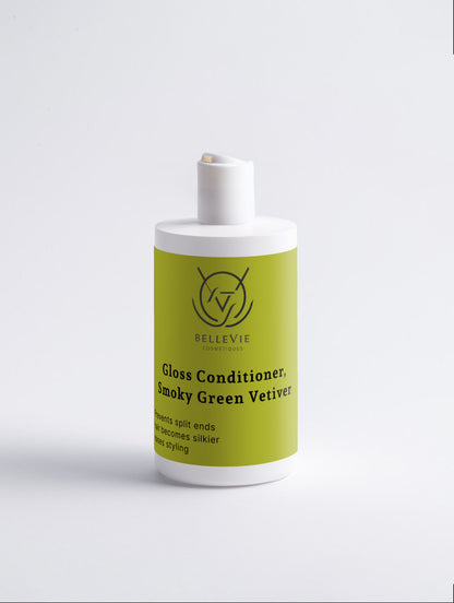 Gloss conditioner in smoky green vetiver scent by Belleviecosmetic, 370ml bottle, smooths hair and enhances shine.