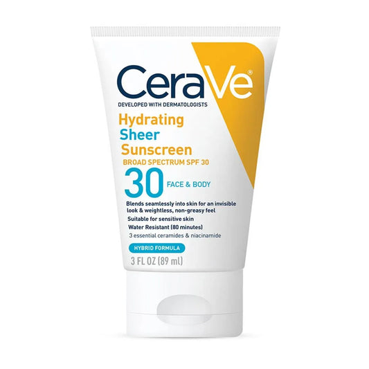 CeraVe Hydrating Sheer Sunscreen SPF 30 in a 3 fl oz bottle, featuring a lightweight formula with zinc oxide for face and body.