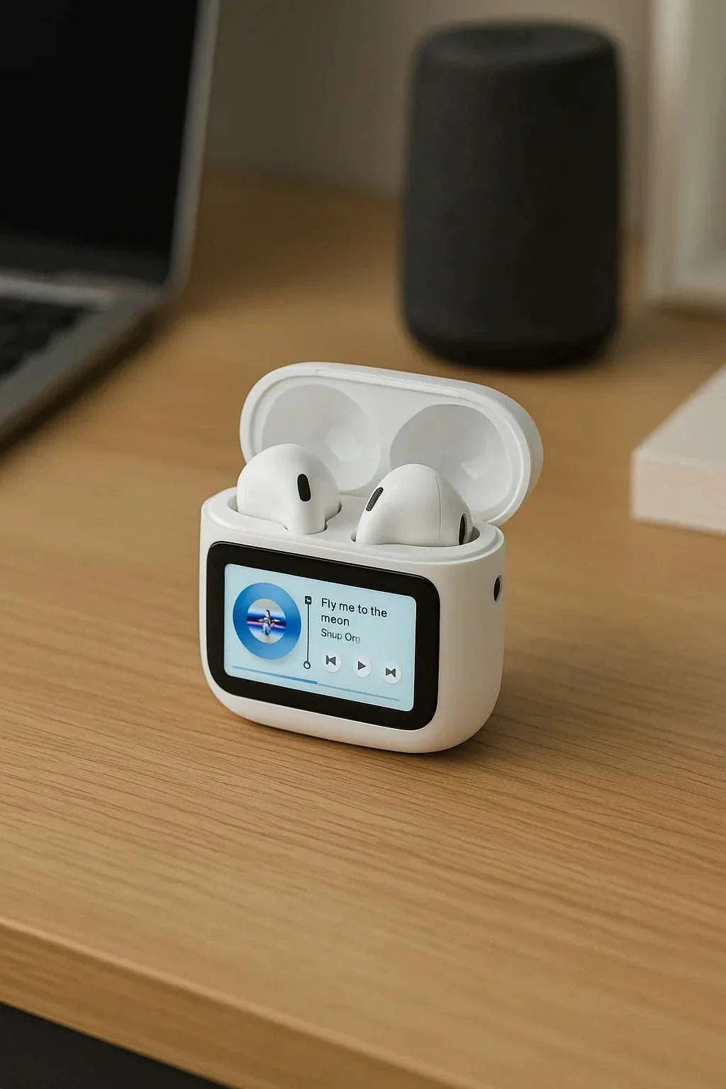 Touch Screen Wireless Earbuds with Bluetooth and touch control in charging case on wooden desk