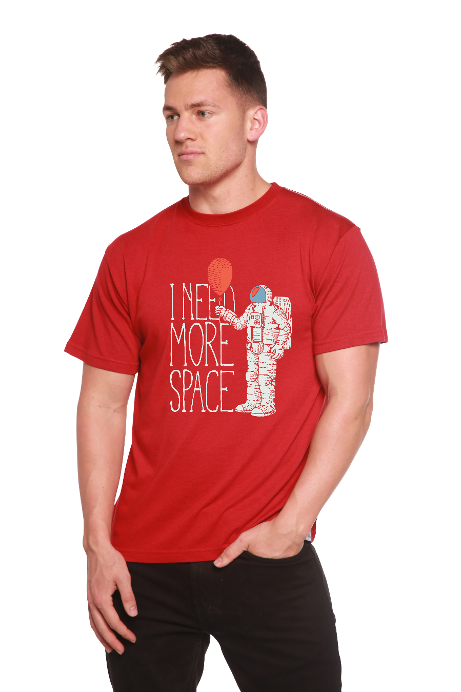 Men's graphic T-shirt by Spun Bamboo featuring a space-themed print, made from bamboo viscose and organic cotton fabric.