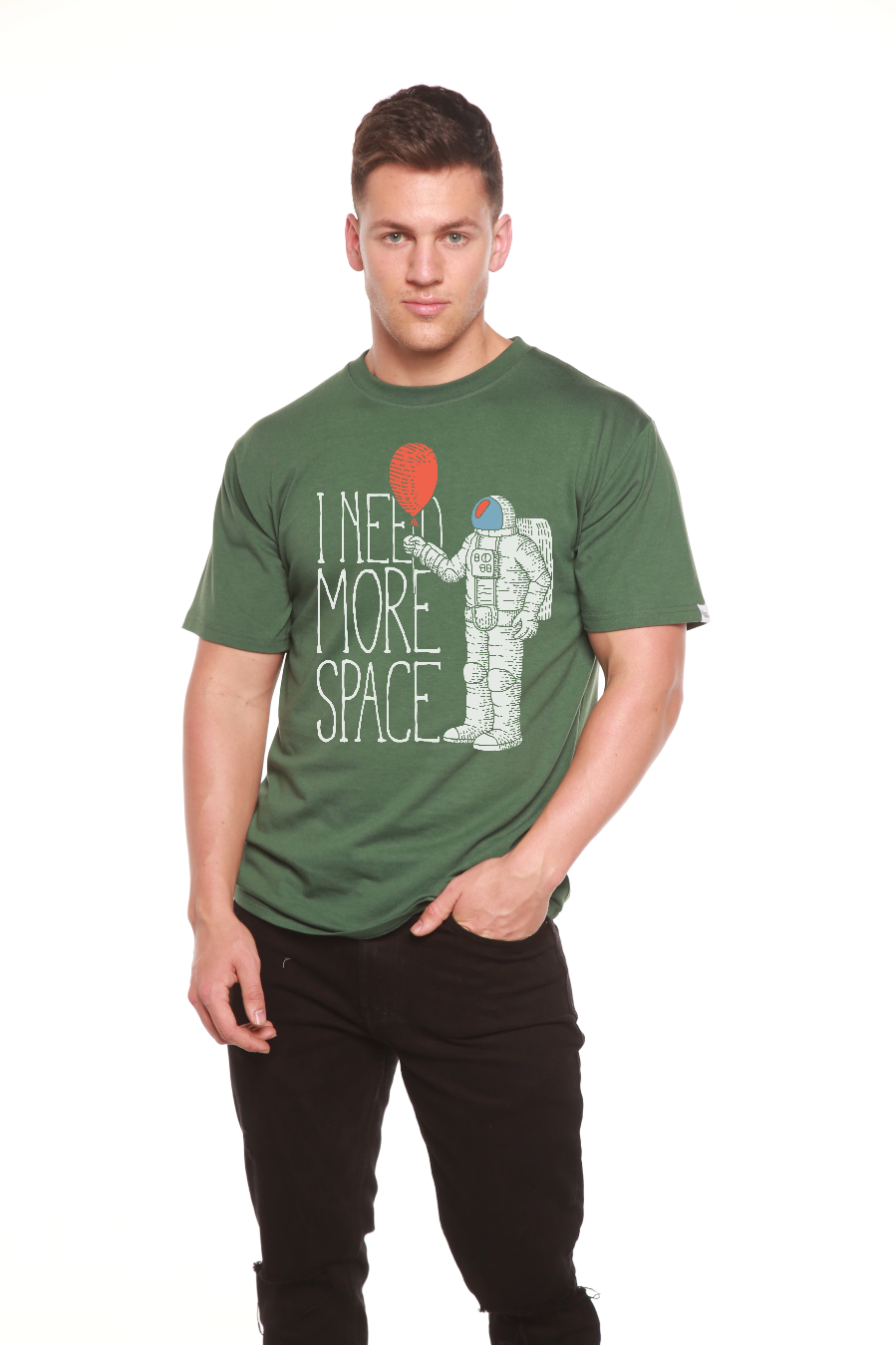 Men's Spun Bamboo graphic T-shirt made of bamboo viscose and organic cotton with a space-themed print on short sleeves.