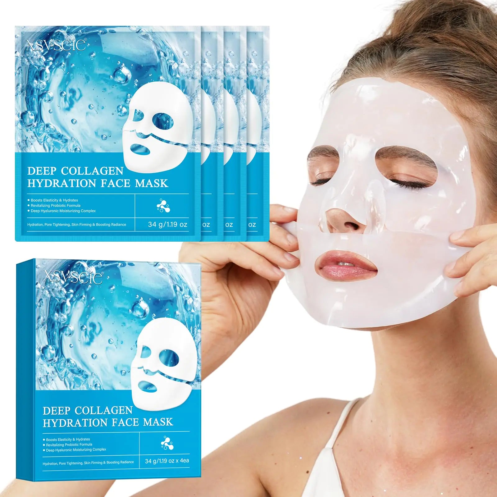 CLFJLXYX Collagen Face Mask for Deep Hydration，Moisture Locking，Hydrogel Mask，Collagen Night Wrapping Mask，Brightens Skin Tone，Promotes Elasticity and Firmness，Korean Skin Care-4 Pack