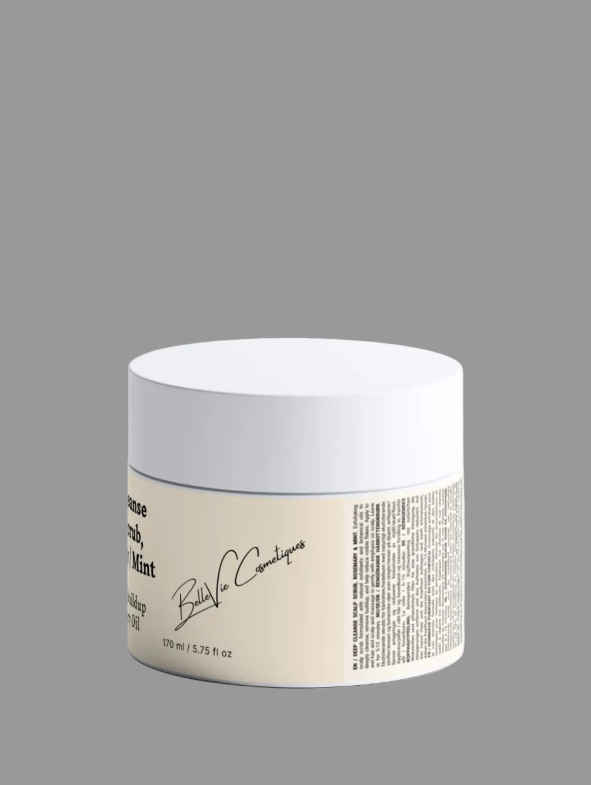 Belleviecosmetic Deep Cleanse Scalp Scrub with rosemary and mint, showing the 170ml jar with exfoliating texture and refreshing ingredients.