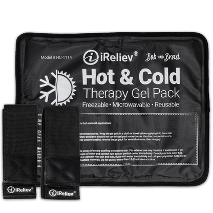 iReliev premium reusable hot and cold therapy gel pack with securement straps for pain relief and soothing treatment.