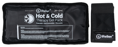 iReliev premium reusable hot and cold therapy gel pack with securement straps for targeted pain relief and comfort.
