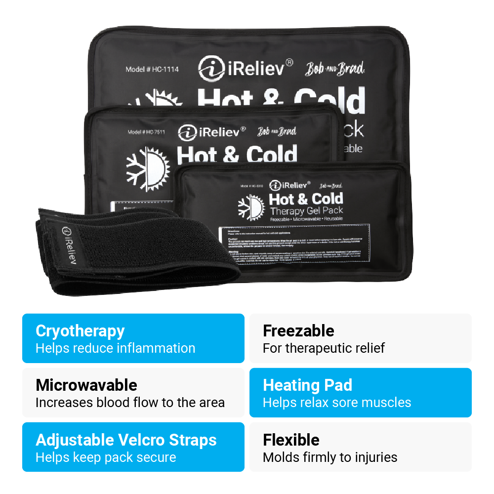 iReliev reusable hot and cold therapy gel pack with securement straps for targeted pain relief and temperature therapy.