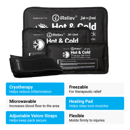 iReliev reusable hot and cold therapy gel pack with securement straps for targeted pain relief and temperature therapy.