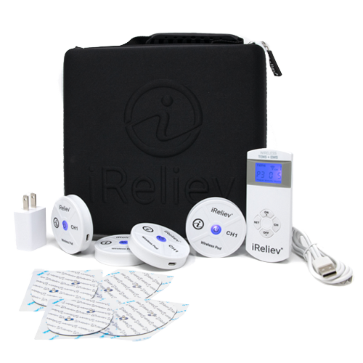 iReliev TENS Unit Therapeutic Wearable System with four pods for pain relief and muscle stimulation.