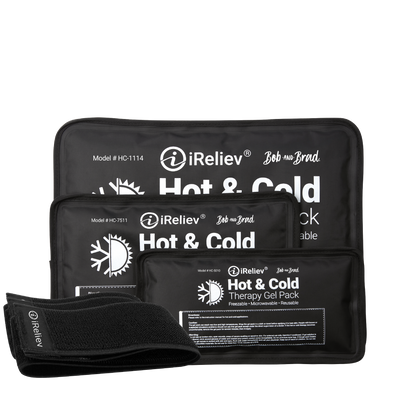 iReliev hot and cold therapy gel pack with securement straps, used for pain relief and muscle recovery, shown with straps attached.