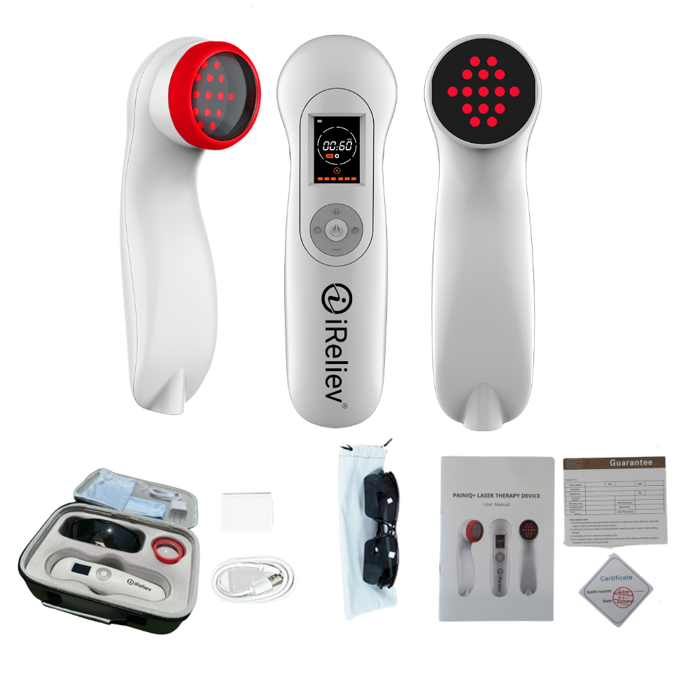 iReliev PainIQ+ laser therapy device with red light and infrared laser for pain relief and muscle treatment.