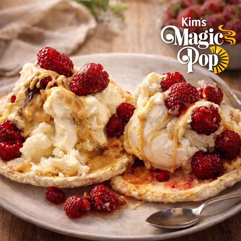 Assorted Kim's Magic Pop Delice flavors including cinnamon swirl, salted caramel, and dark chocolate in a 6 or 12 pack.