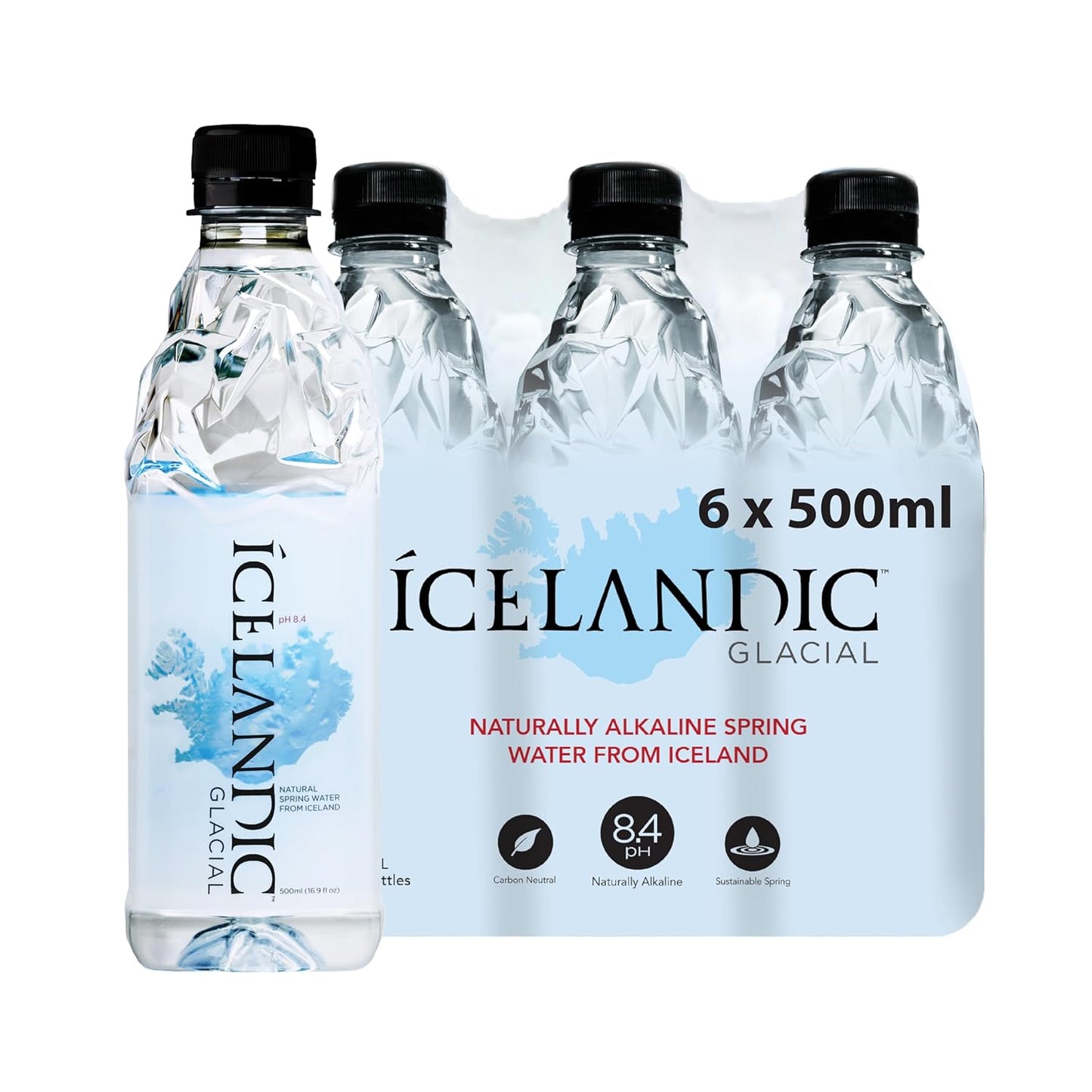 Six 1L bottles of Icelandic Glacial Natural Spring Alkaline Water, clear bottles with blue caps and Icelandic glacier branding.