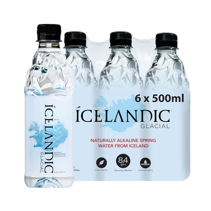 Six 1L bottles of Icelandic Glacial Natural Spring Alkaline Water, clear bottles with blue caps and Icelandic glacier branding.