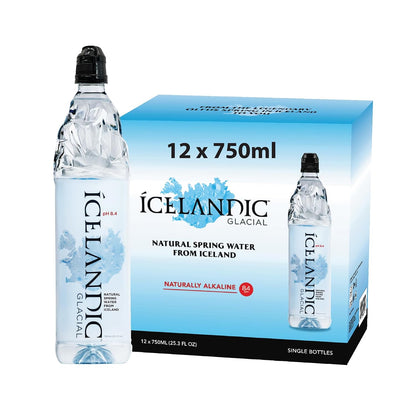 Six 1L bottles of Icelandic Glacial Natural Spring Alkaline Water with clear labels and blue caps, arranged in a pack.