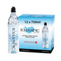 Six 1L bottles of Icelandic Glacial Natural Spring Alkaline Water with clear labels and blue caps, arranged in a pack.
