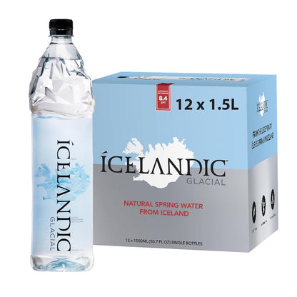 Six 1L bottles of Icelandic Glacial Natural Spring Alkaline Water with clear labels and blue caps, arranged in a pack.