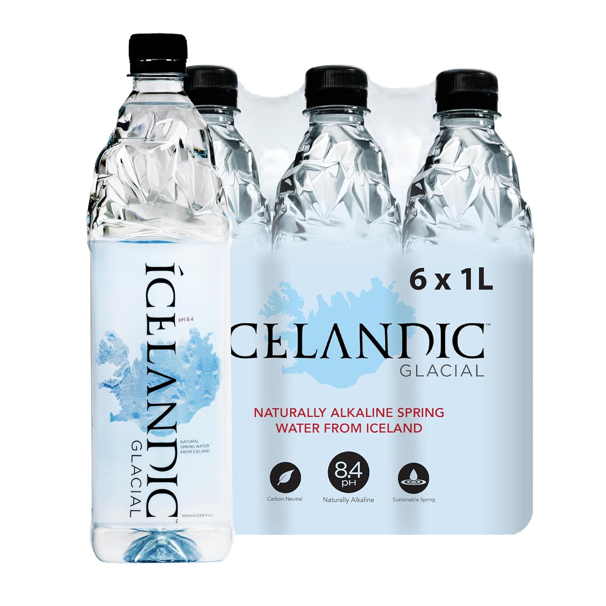 Six 1L bottles of Icelandic Glacial Natural Spring Alkaline Water in clear plastic bottles with blue caps, labeled with Icelandic Glacial branding.