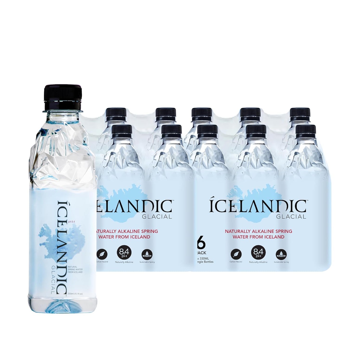 Six 1-liter bottles of Icelandic Glacial Natural Spring Alkaline Water, clear bottles with blue labels and cap.