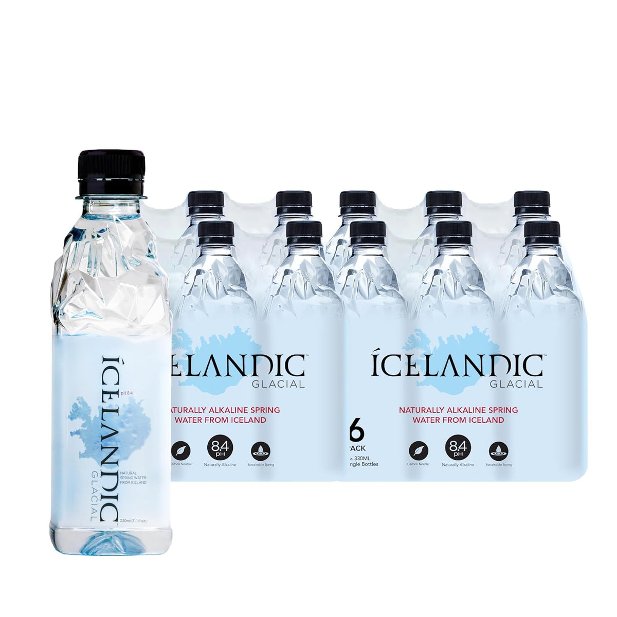 Six 1-liter bottles of Icelandic Glacial Natural Spring Alkaline Water, clear bottles with blue labels and cap.