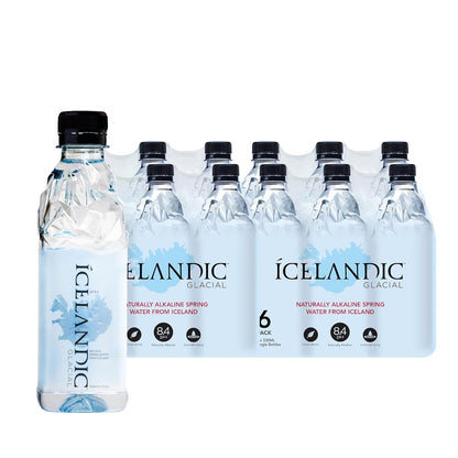 Six 1-liter bottles of Icelandic Glacial Natural Spring Alkaline Water, clear bottles with blue labels and cap.
