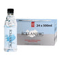 Six 1L bottles of Icelandic Glacial Natural Spring Alkaline Water, clear bottles with blue caps and Icelandic glacier branding.
