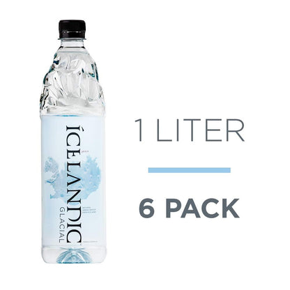 Six 1L bottles of Icelandic Glacial Natural Spring Alkaline Water, clear bottles with blue labels and cap, arranged in a pack.