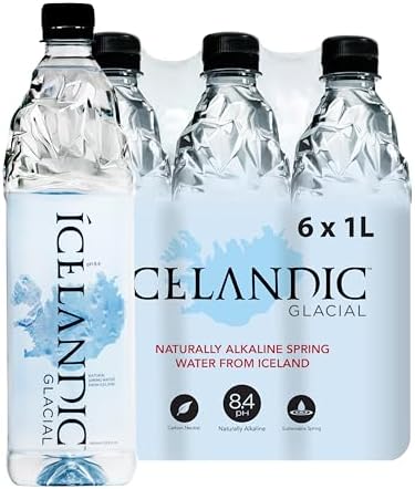 Six 1-liter bottles of Icelandic Glacial Natural Spring Alkaline Water, clear bottles with blue caps and Icelandic glacier branding.