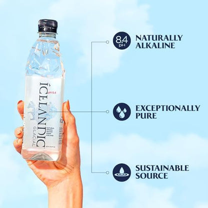 Six 1L bottles of Icelandic Glacial Natural Spring Alkaline Water in clear plastic bottles with blue labels, arranged in a pack.