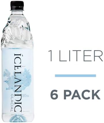 Six 1L bottles of Icelandic Glacial Natural Spring Alkaline Water, clear bottles with blue caps and labels, arranged in a pack.