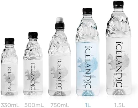 Six 1-liter bottles of Icelandic Glacial Natural Spring Alkaline Water, clear bottles with blue caps and Icelandic landscape labels.