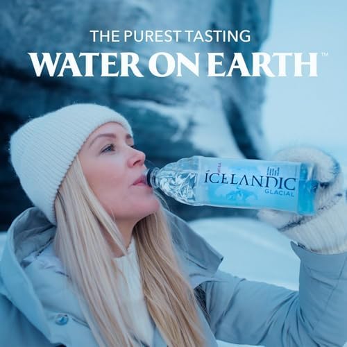 Six 1L bottles of Icelandic Glacial Natural Spring Alkaline Water with clear labels and cap closures, arranged in a pack.
