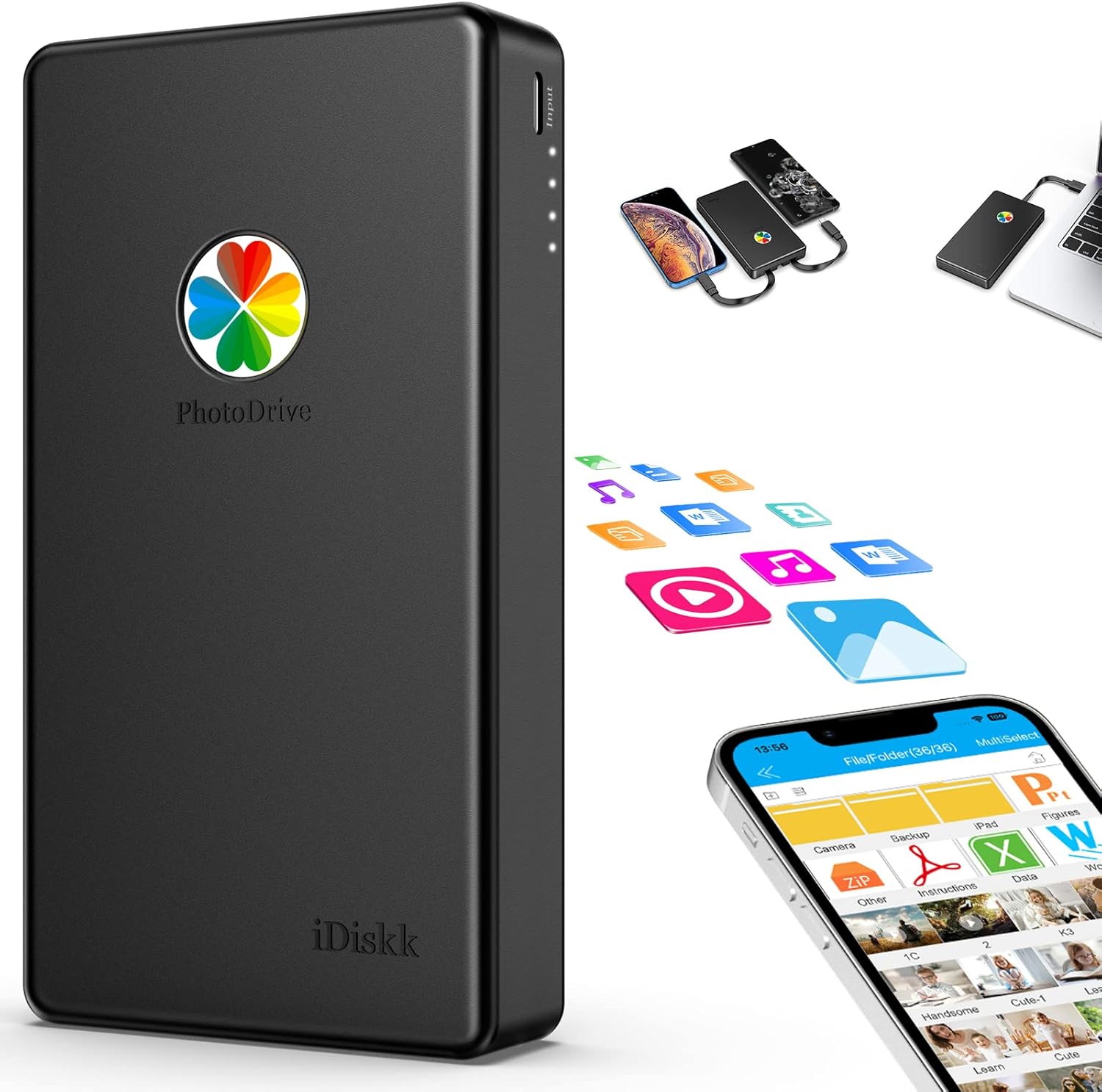 iDiskk App - le Certified, 2TB External Hard Drive,for iPhone iPad Android Phones,MacBook,Computer to Backup Docs| Photos | Videos,iPhone 17 & 16 Photo Stick Photo Storage Phone Drive - BACKUPMYFILESNOW