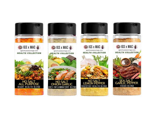 Igotchu Seasonings 8 oz Health Collection Collab Bundle featuring various spice blends in clear jars.