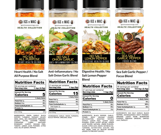 Igotchu Seasonings 8 oz Health Collection Collab Bundle with assorted spice jars on a kitchen countertop.
