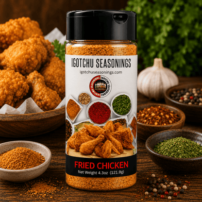 Igotchu Fried Chicken Seasoning from Igotchu Seasonings, 5.5 oz jar, with crispy fried chicken and spice blend visible in the image.