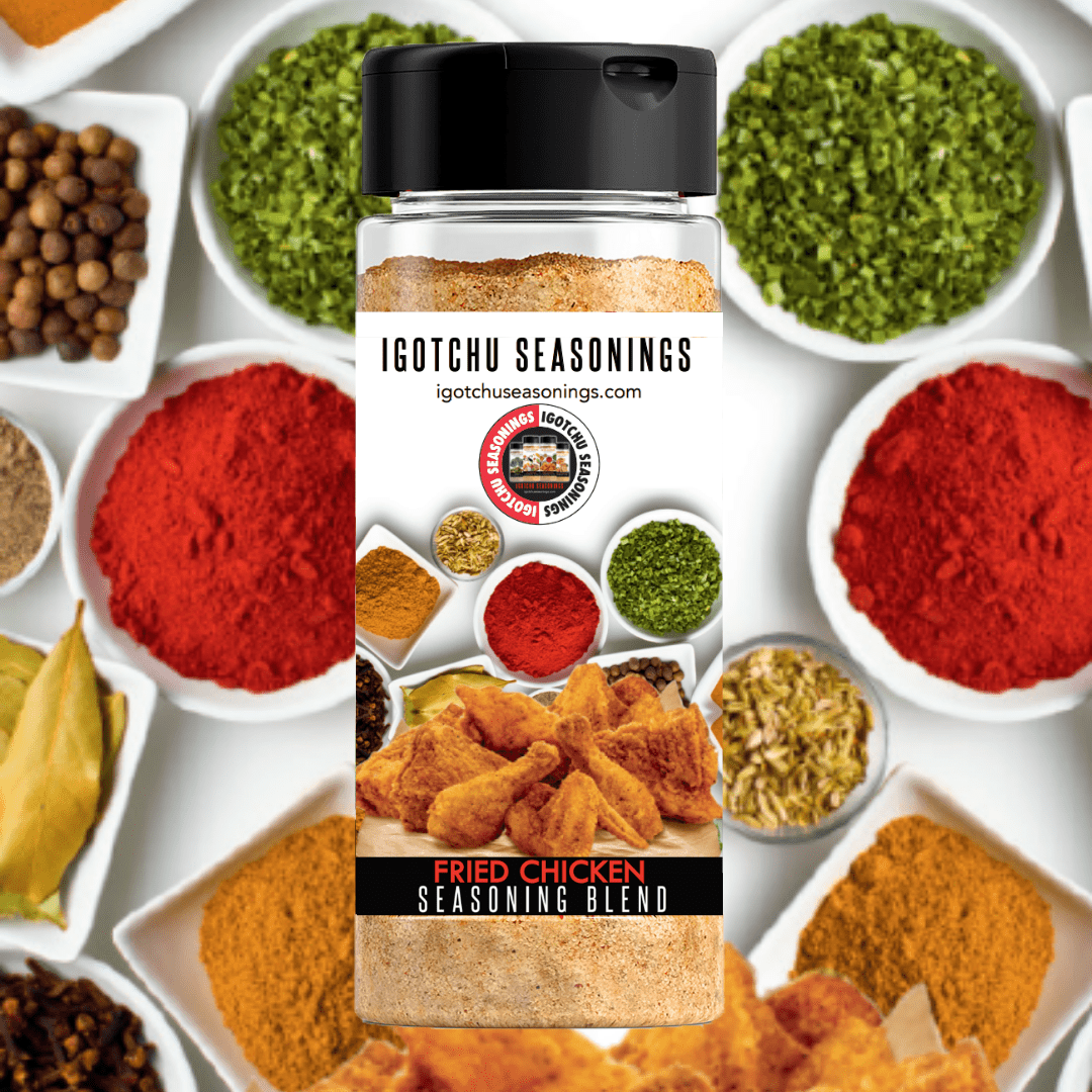 Igotchu Fried Chicken seasoning in a 5.5 oz jar, natural blend of spices for flavorful fried chicken from Igotchu Seasonings.