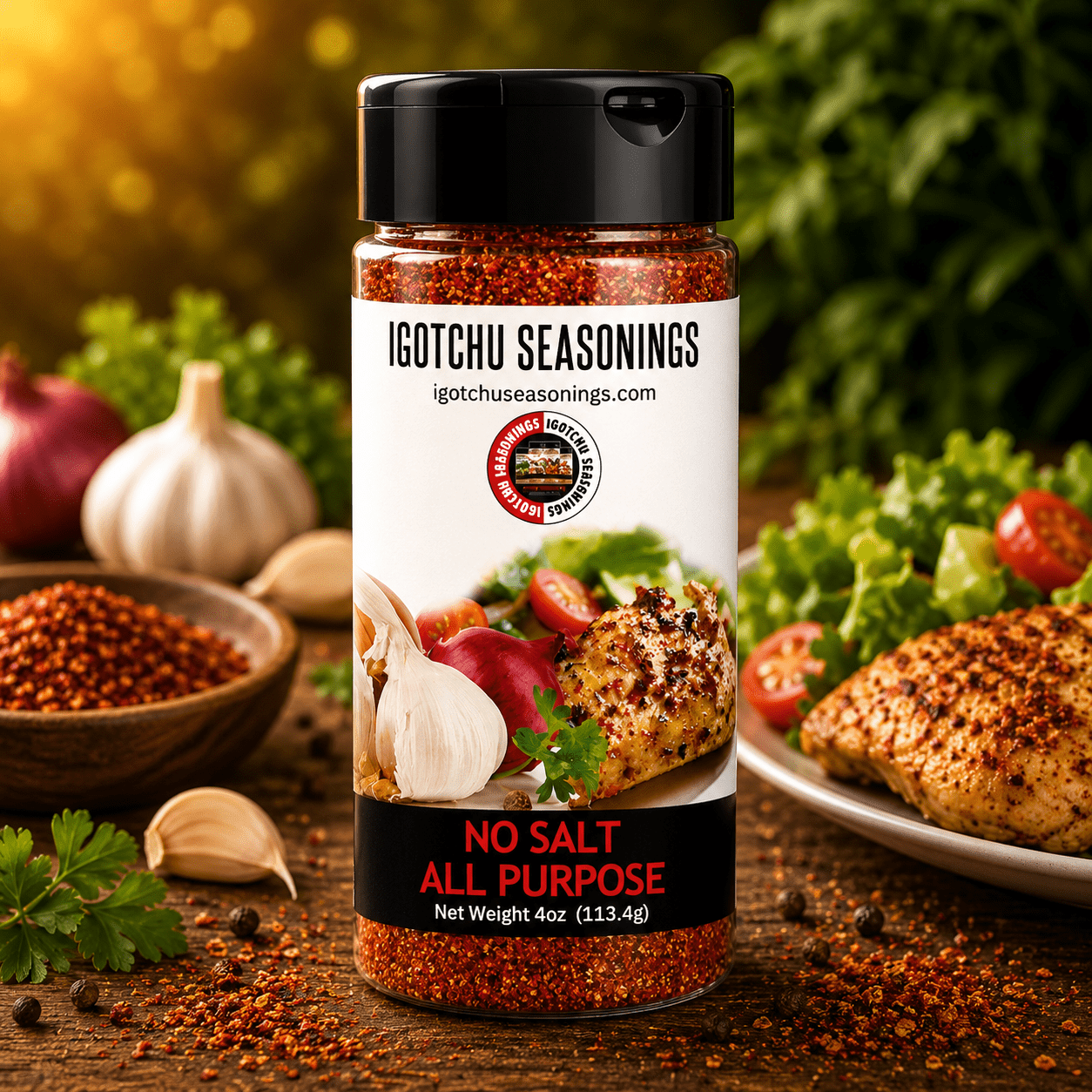 Igotchu No Salt All Purpose Seasoning in a 5.5 oz container, versatile seasoning and spice blend from Igotchu Seasonings.
