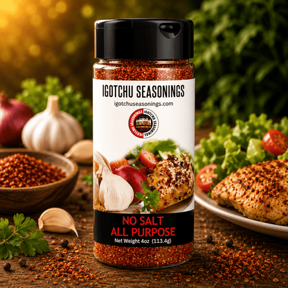 Igotchu No Salt All Purpose Seasoning in a 5.5 oz container, versatile seasoning and spice blend from Igotchu Seasonings.