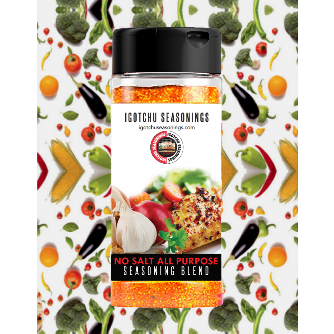 Igotchu No Salt All Purpose Seasoning in a 5.5 oz container, natural blend of seasonings and spices for versatile cooking.