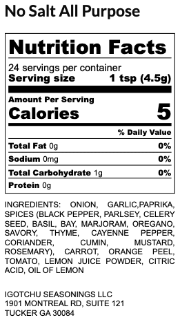 Igotchu No Salt All Purpose Seasoning in 5.5 oz container, natural spice blend from Igotchu Seasonings for versatile cooking.