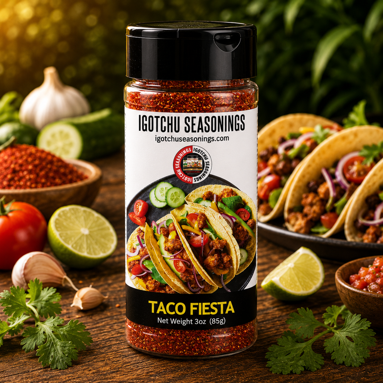 Igotchu Taco Seasoning in a 5.5 oz jar, part of Igotchu Seasonings' spice collection, with colorful label and spice blend inside.