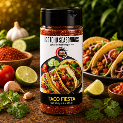 Igotchu Taco Seasoning in a 5.5 oz jar, part of Igotchu Seasonings' spice collection, with colorful label and spice blend inside.