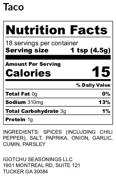 Igotchu Taco Seasoning in a 5.5 oz jar, a blend of spices for flavorful tacos, from Igotchu Seasonings.