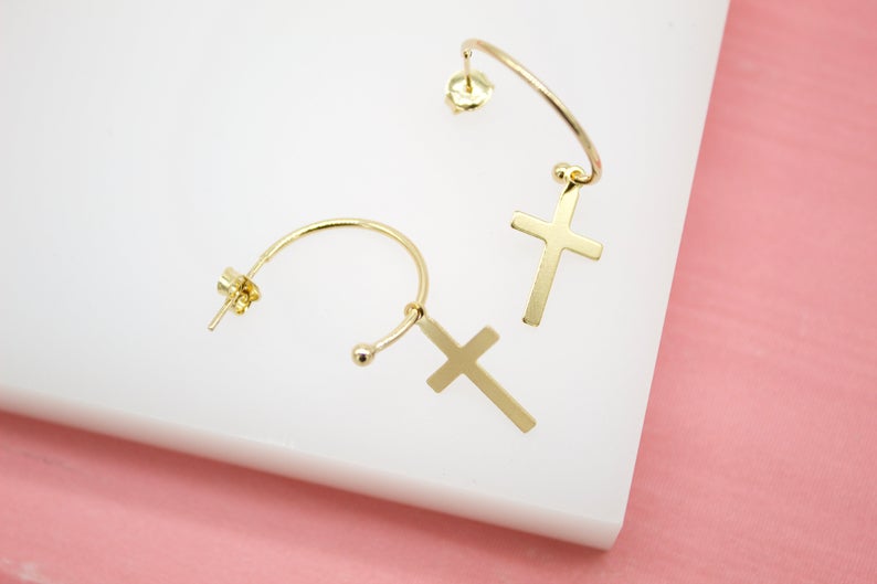 Gold filled cross open hoop earrings by MIA Jewelry featuring dangle drop design and cross accents.