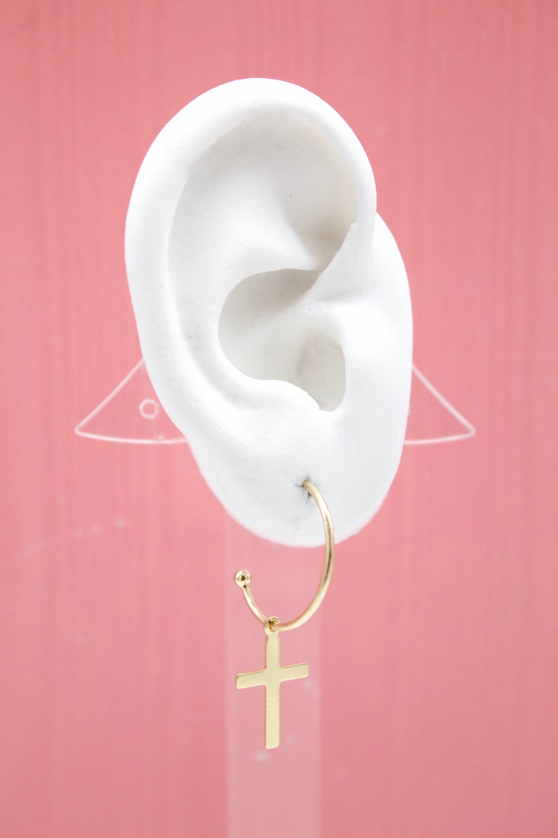 Gold filled cross open hoop earrings by MIA Jewelry with dangle drop design, featuring open circular hoops with cross accents.