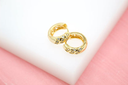 18K gold filled thick huggies earrings with slanted clear CZ cubic zirconia stones, stylish jewelry by MIA Jewelry