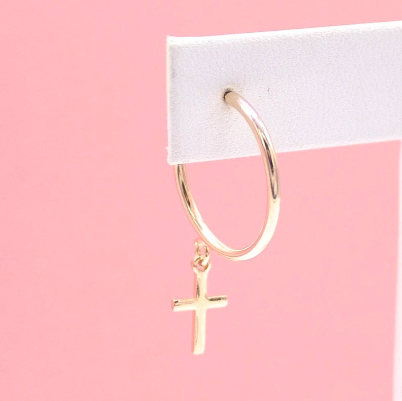 Gold filled cross open hoop earrings by MIA Jewelry featuring dangle drop studs with a stylish cross design.