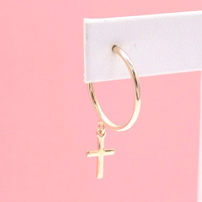 Gold filled cross open hoop earrings by MIA Jewelry featuring dangle drop studs with a stylish cross design.